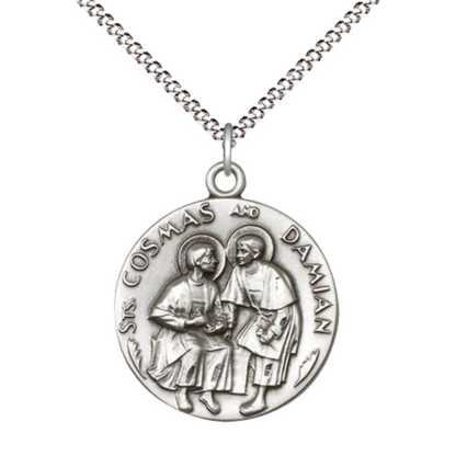 Everlasting Light Jewelry .925 Sterling Silver Saint St. Cosmas & Damian Medal Pendant on 18 Inch Rhodium Plated Lite Curb Brass Chain - Catholic Religious Necklace Made in USA, Deluxe Velvet Gift Box