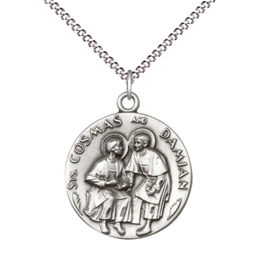 Everlasting Light Jewelry .925 Sterling Silver Saint St. Cosmas & Damian Medal Pendant on 18 Inch Rhodium Plated Lite Curb Brass Chain - Catholic Religious Necklace Made in USA, Deluxe Velvet Gift Box