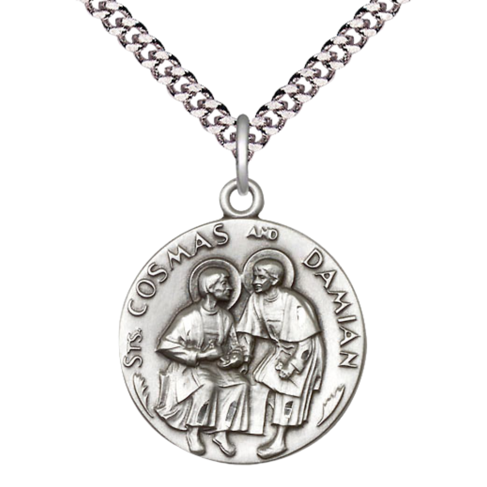 Everlasting Light Jewelry .925 Sterling Silver Saint St. Cosmas & Damian Medal Pendant on 24 Inch Endless Rhodium Plated Heavy Curb Chain - Catholic Religious Necklace Made in USA, Deluxe Velvet Gift Box