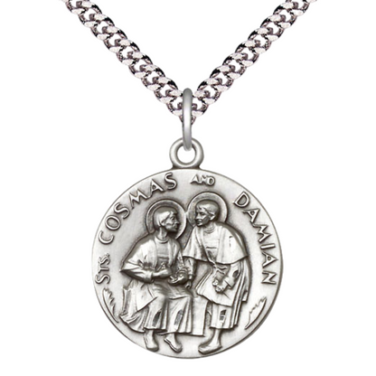 Everlasting Light Jewelry .925 Sterling Silver Saint St. Cosmas & Damian Medal Pendant on 24 Inch Endless Rhodium Plated Heavy Curb Chain - Catholic Religious Necklace Made in USA, Deluxe Velvet Gift Box