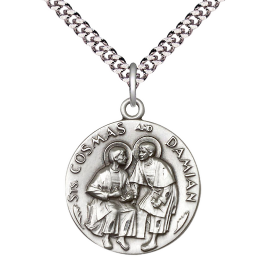 Everlasting Light Jewelry .925 Sterling Silver Saint St. Cosmas & Damian Medal Pendant on 24 Inch Endless Rhodium Plated Heavy Curb Chain - Catholic Religious Necklace Made in USA, Deluxe Velvet Gift Box