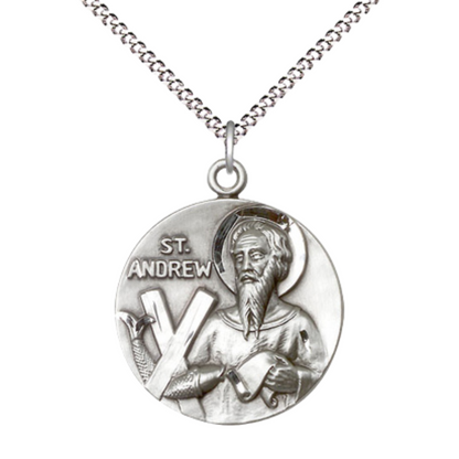 Everlasting Light Jewelry .925 Sterling Silver Saint St. Andrew Medal Pendant on 18 Inch Rhodium Plated Lite Curb Brass Chain - Catholic Religious Necklace Made in USA, Deluxe Velvet Gift Box
