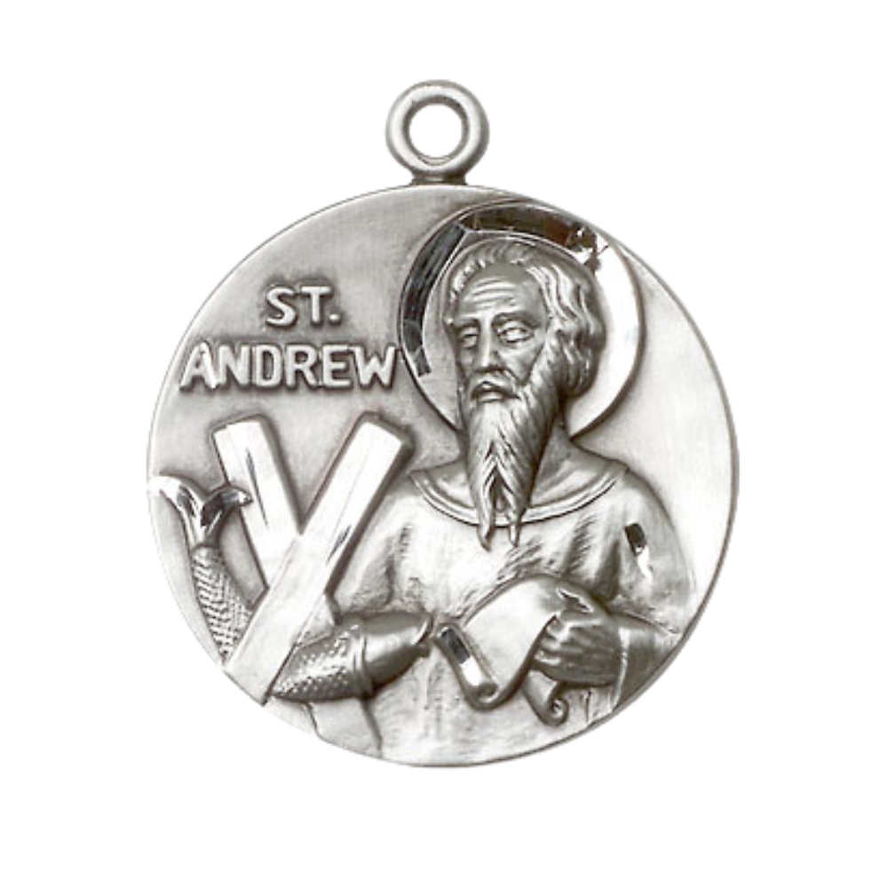 Mens Large Round .925 Sterling Silver Saint St. Andre Medal Pendant on 24 inch Rhodium Plated Heavy Curb Brass Chain with Lobster Claw Clasp, Catholic Religious Necklace- USA Made Gift Boxed