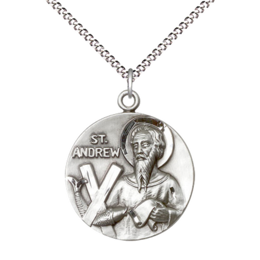 Everlasting Light Jewelry .925 Sterling Silver Saint St. Andrew Medal Pendant on 18 Inch Rhodium Plated Lite Curb Brass Chain - Catholic Religious Necklace Made in USA, Deluxe Velvet Gift Box