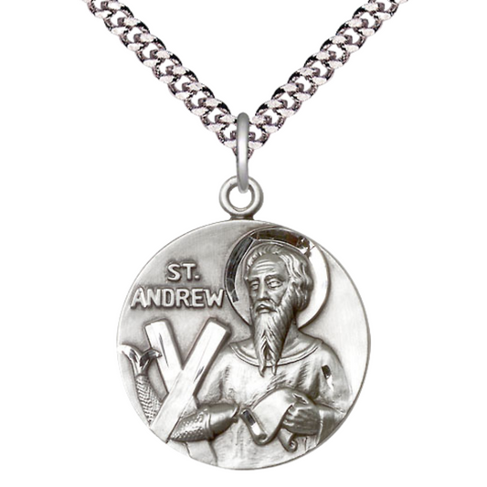 Mens Large Round .925 Sterling Silver Saint St. Andre Medal Pendant on 24 inch Rhodium Plated Heavy Curb Brass Chain with Lobster Claw Clasp, Catholic Religious Necklace- USA Made Gift Boxed