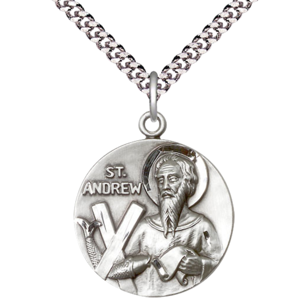 Everlasting Light Jewelry .925 Sterling Silver Saint St. Andrew Medal Pendant on 24 Inch Endless Rhodium Plated Heavy Curb Chain - Catholic Religious Necklace Made in USA, Deluxe Velvet Gift Box