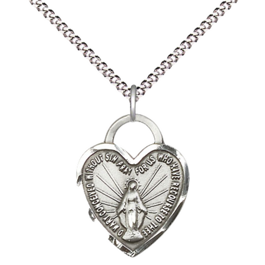 Everlasting Light Jewelry .925 Sterling Silver Miraculous Medal Pendant on 18 Inch Rhodium Plated Lite Curb Brass Chain - Catholic Religious Necklace Made in USA, Deluxe Velvet Gift Box Included