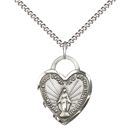 Everlasting Light Jewelry .925 Sterling Silver Miraculous Heart Medal Pendant on 18 Inch .925 Sterling Silver Lite Curb Chain - Catholic Religious Necklace Made in USA, Deluxe Velvet Gift Box Included