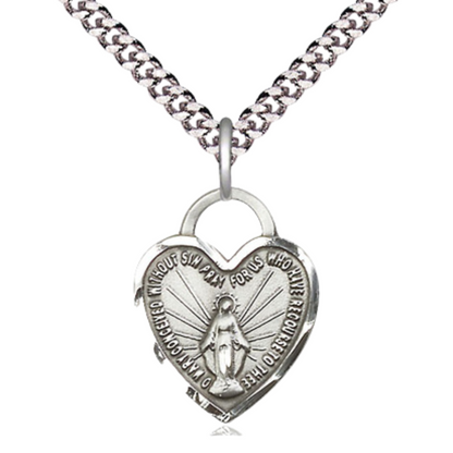 Mens Heart .925 Sterling Silver Miraculous Heart 3201 - 3/4 x 5/8 on 24 inch Rhodium Plated Heavy Curb Brass Chain with Lobster Claw Clasp, Catholic Religious Necklace- USA Made Gift Boxed