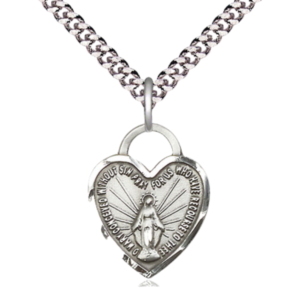 Everlasting Light Jewelry .925 Sterling Silver Miraculous Medal Pendant on 24 Inch Endless Rhodium Plated Heavy Curb Chain -Catholic Religious Necklace Made in USA, Deluxe Velvet Gift Box Included