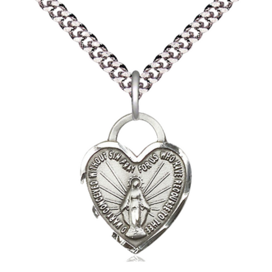 Mens Heart .925 Sterling Silver Miraculous Heart 3201 - 3/4 x 5/8 on 24 inch Rhodium Plated Heavy Curb Brass Chain with Lobster Claw Clasp, Catholic Religious Necklace- USA Made Gift Boxed