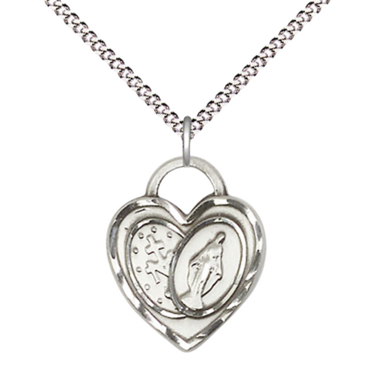Everlasting Light Jewelry .925 Sterling Silver Miraculous Heart Medal Pendant on 18 Inch .925 Sterling Silver Lite Curb Chain - Catholic Religious Necklace Made in USA, Deluxe Velvet Gift Box