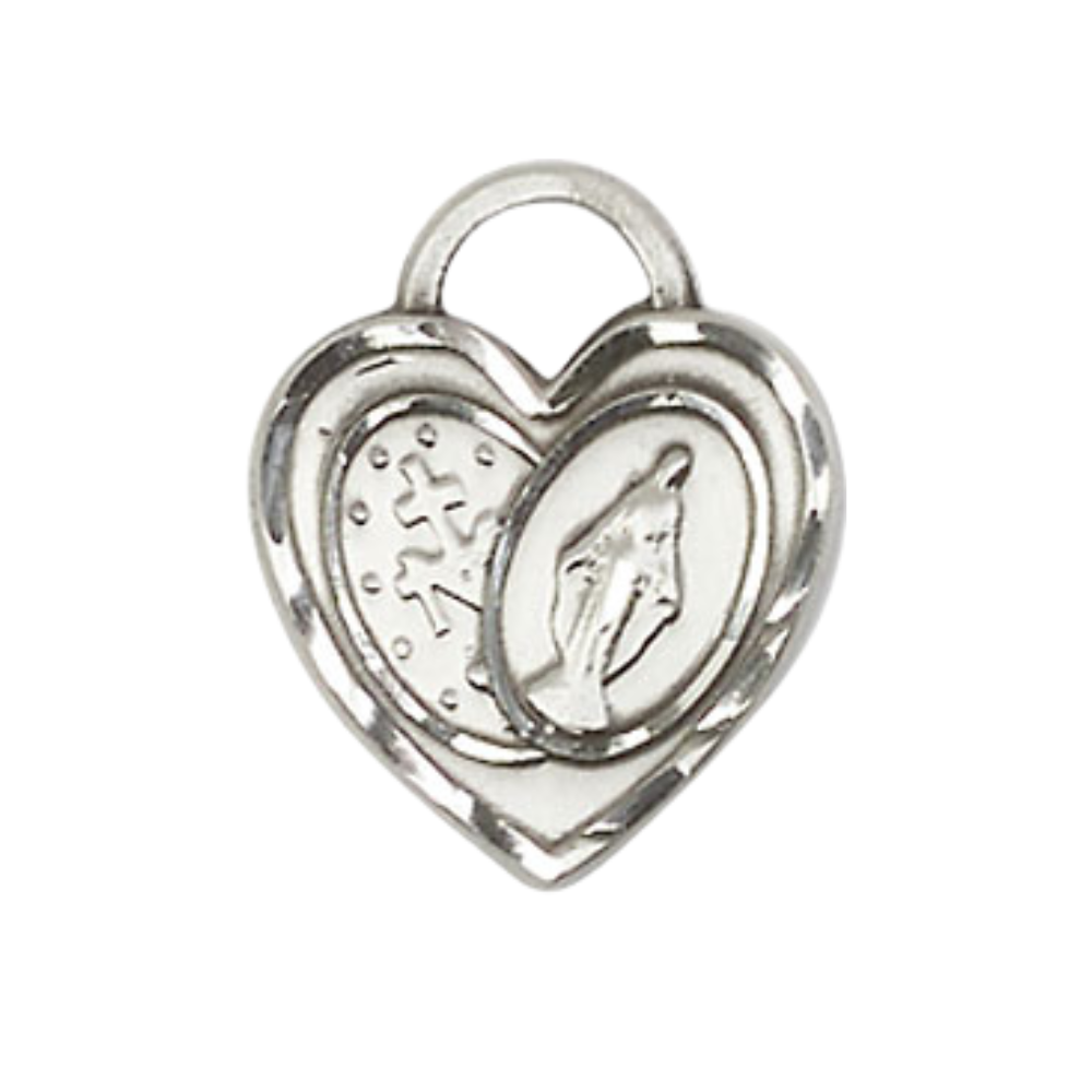 Everlasting Light Jewelry .925 Sterling Silver Miraculous Heart Medal Pendant on 18 Inch Rhodium Plated Lite Curb Brass Chain - Catholic Religious Necklace Made in USA, Deluxe Velvet Gift Box