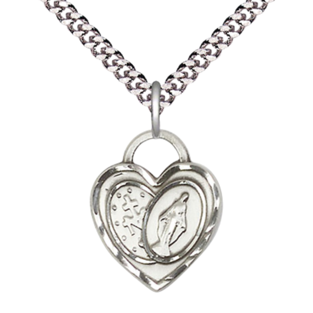 Everlasting Light Jewelry .925 Sterling Silver Miraculous Heart Medal Pendant on 24 Inch Endless Sterling Silver Heavy Curb Chain -Catholic Religious Necklace Made in USA,Deluxe Velvet Gift Box