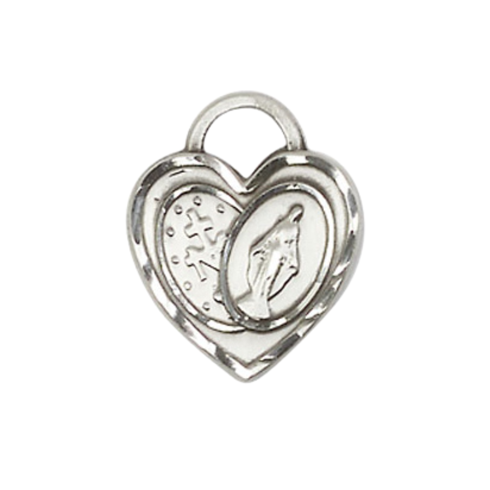 Mens Heart .925 Sterling Silver Miraculous Heart 3212 - 3/4 X 5/8 on 24 inch Rhodium Plated Heavy Curb Brass Chain with Lobster Claw Clasp, Catholic Religious Necklace- USA Made Gift Boxed