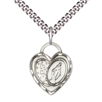 Everlasting Light Jewelry .925 Sterling Silver Miraculous Heart Medal Pendant on 24 Inch Endless Sterling Silver Heavy Curb Chain -Catholic Religious Necklace Made in USA,Deluxe Velvet Gift Box