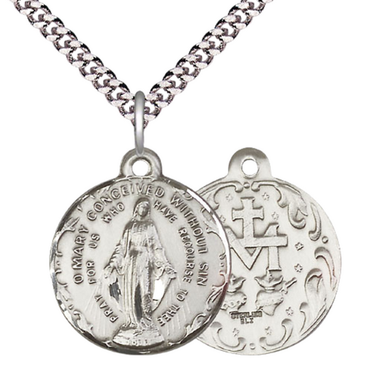 Everlasting Light Jewelry .925 Sterling Silver Immaculate Conception Medal Pendant (7/8 x 7/8) on 24 Inch Endless Rhodium Plated Heavy Curb Chain, Catholic Medal - Made in USA, Deluxe Velvet Gift Box