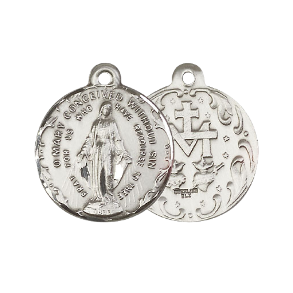 Everlasting Light Jewelry .925 Sterling Silver Immaculate Conception Medal Pendant (7/8 x 7/8) on 24 Inch Endless Rhodium Plated Heavy Curb Chain, Catholic Medal - Made in USA, Deluxe Velvet Gift Box