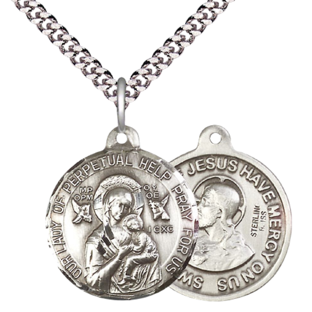 Everlasting Light Jewelry .925 Sterling Silver Our Lady Perpetual Help Medal Pendant (7/8 x 7/8) on 24 Inch Endless Rhodium Plated Heavy Curb Chain, Catholic Medal - Made in USA, Deluxe Velvet Gift Box