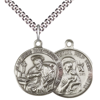 Everlasting Light Jewelry .925 Sterling Silver Saint Alphonsus Medal Pendant (7/8 x 7/8) with a 24 Inch Endless Rhodium Plated Heavy Curb Chain -Made in USA, Deluxe Velvet Gift Box