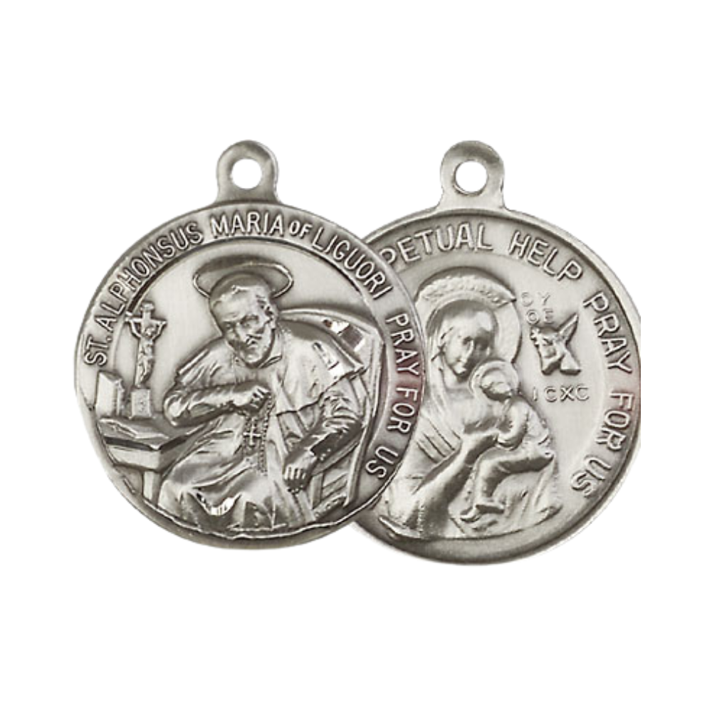 Everlasting Light Jewelry .925 Sterling Silver Saint Alphonsus Medal Pendant (7/8 x 7/8) with a 24 Inch Endless Rhodium Plated Heavy Curb Chain -Made in USA, Deluxe Velvet Gift Box