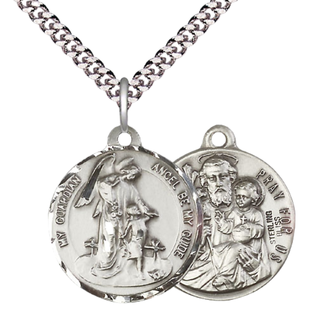 Everlasting Light Jewelry .925 Sterling Silver Guardian Angel Medal Pendant (7/8 x 7/8) on 24 Inch Endless Rhodium Plated Heavy Curb Chain, Catholic Medal - Made in USA, Deluxe Velvet Gift Box