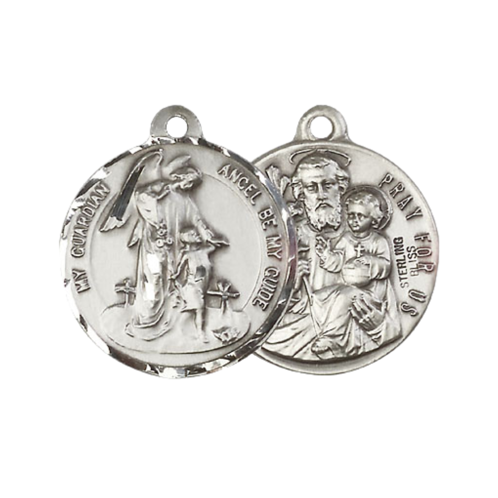 Everlasting Light Jewelry .925 Sterling Silver Guardian Angel Medal Pendant (7/8 x 7/8) on 24 Inch Endless Rhodium Plated Heavy Curb Chain, Catholic Medal - Made in USA, Deluxe Velvet Gift Box