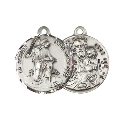 Everlasting Light Jewelry .925 Sterling Silver Guardian Angel Medal Pendant (7/8 x 7/8) on 24 Inch Endless Rhodium Plated Heavy Curb Chain, Catholic Medal - Made in USA, Deluxe Velvet Gift Box