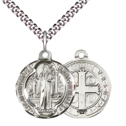 Everlasting Light Jewelry .925 Sterling Silver Saint St. Benedict Medal Pendant on 24 Inch Endless Rhodium Plated Heavy Curb Chain - Catholic Religious Necklace Made in USA, Deluxe Velvet Gift Box