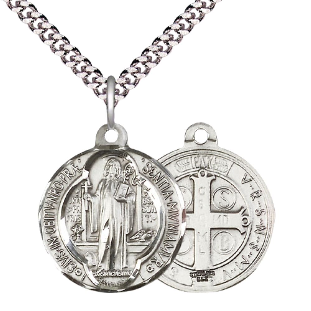 Everlasting Light Jewelry .925 Sterling Silver Saint St. Benedict Medal Pendant on 24 Inch Endless Rhodium Plated Heavy Curb Chain - Catholic Religious Necklace Made in USA, Deluxe Velvet Gift Box