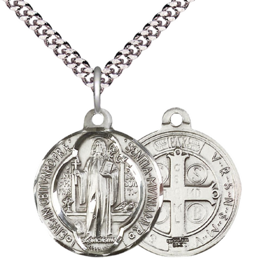 Everlasting Light Jewelry .925 Sterling Silver Saint St. Benedict Medal Pendant on 24 Inch Endless Rhodium Plated Heavy Curb Chain - Catholic Religious Necklace Made in USA, Deluxe Velvet Gift Box