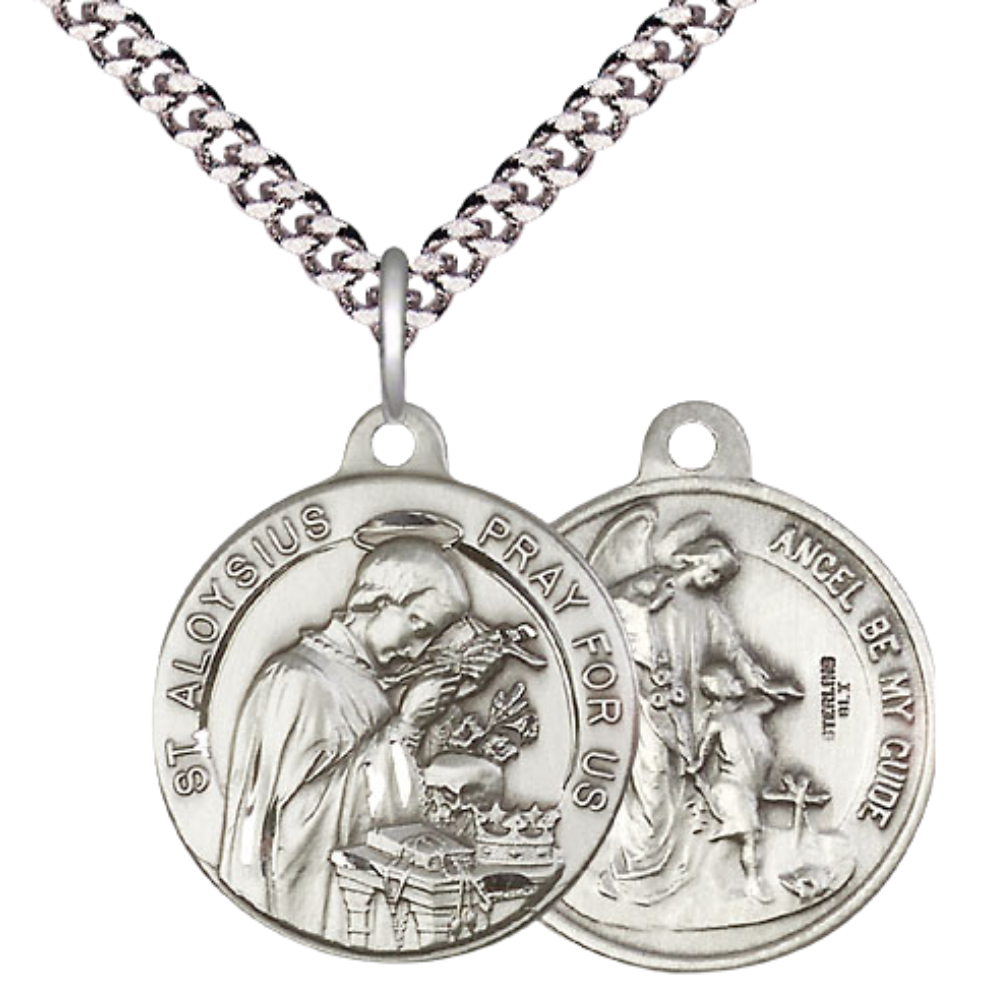 Everlasting Light Jewelry .925 Sterling Silver Saint St. Aloysius Medal Pendant (7/8 x 7/8) on 24 Inch Endless Rhodium Plated Heavy Curb Chain, Catholic Medal - Made in USA, Deluxe Velvet Gift Box