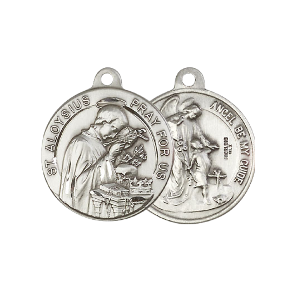 Everlasting Light Jewelry .925 Sterling Silver Saint St. Aloysius Medal Pendant (7/8 x 7/8) on 24 Inch Endless Rhodium Plated Heavy Curb Chain, Catholic Medal - Made in USA, Deluxe Velvet Gift Box
