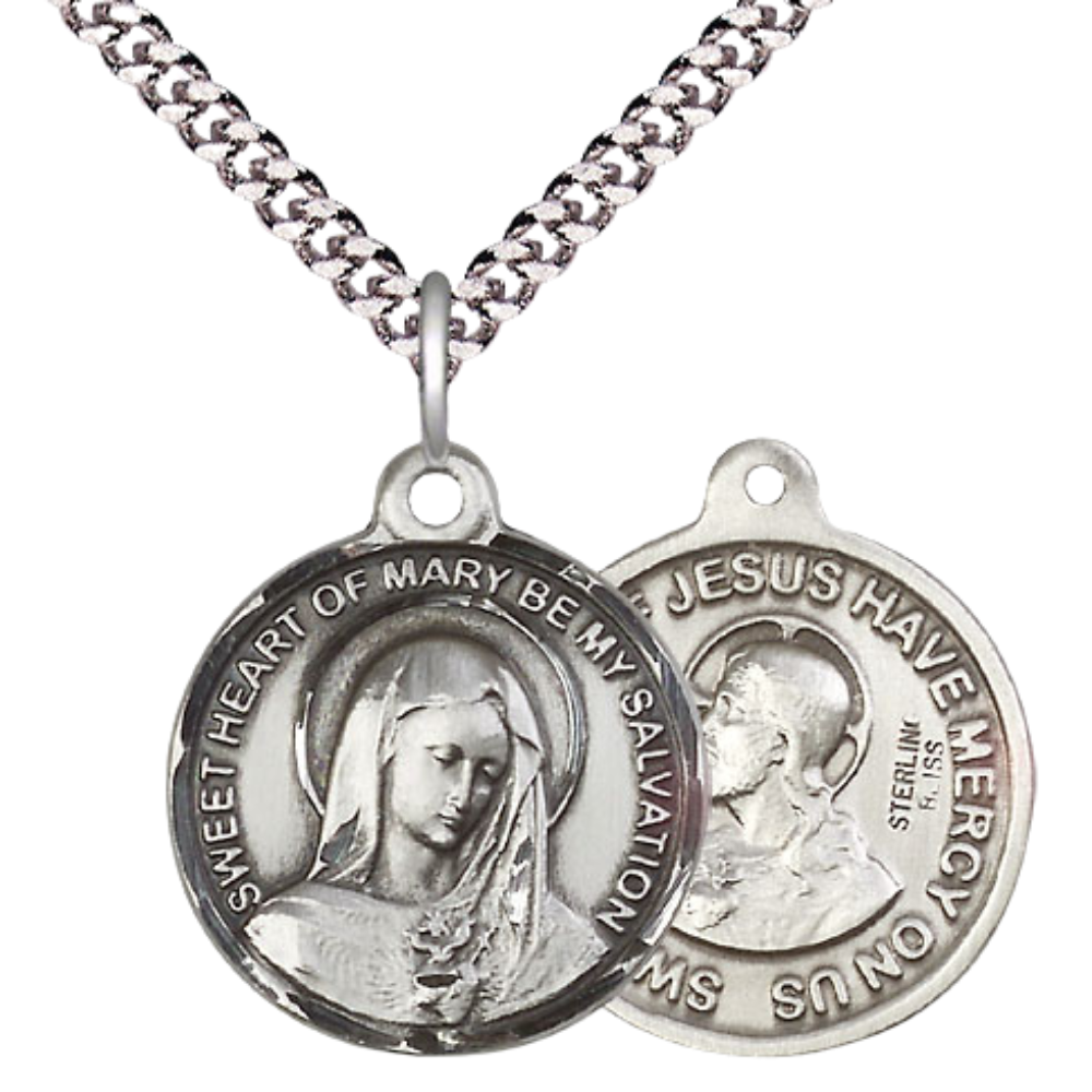 Everlasting Light Jewelry .925 Sterling Silver Immaculate Heart of Mary Medal Pendant (7/8 x 7/8) on 24 Inch Endless Rhodium Plated Heavy Curb Chain, Catholic Medal - Made in USA, Deluxe Velvet Gift Box