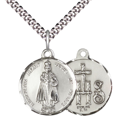 Everlasting Light Jewelry .925 Sterling Silver Infant of Prague Medal Pendant on 24 Inch Endless Rhodium Plated Heavy Curb Chain -Made in USA, Deluxe Velvet Gift Box