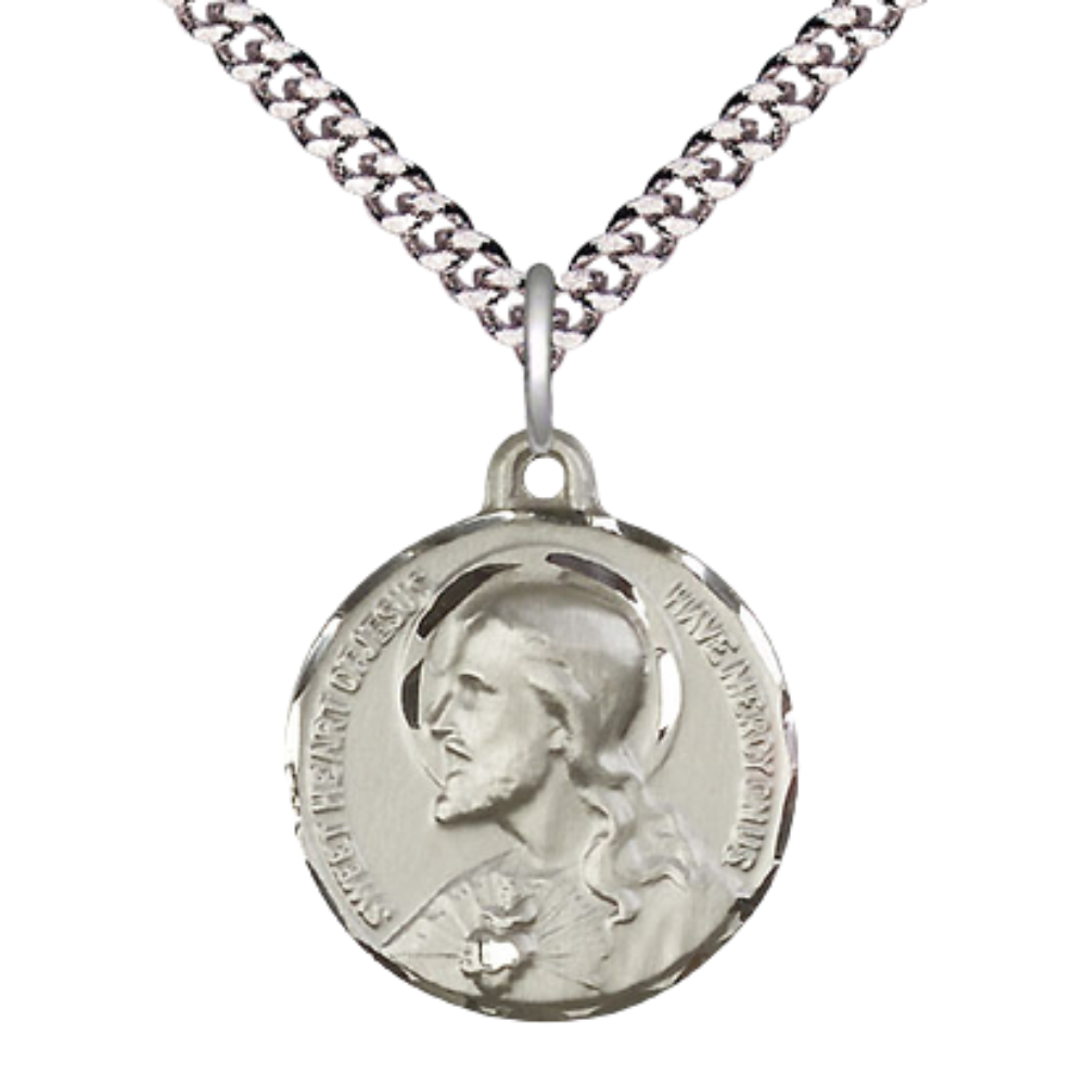 Everlasting Light Jewelry .925 Sterling Silver Sacred Heart of Jesus Medal Pendant on 24 Inch Endless Rhodium Plated Heavy Curb Chain - Catholic Religious Necklace Made in USA, Deluxe Velvet Gift Box