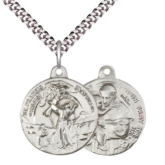 Everlasting Light Jewelry .925 Sterling Silver Saint St. Francis of Assisi Medal Pendant on 24 Inch Endless Rhodium Plated Heavy Curb Chain - Catholic Religious Necklace Made in USA, Deluxe Velvet Gift Box