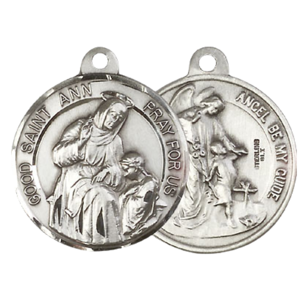 Everlasting Light Jewelry .925 Sterling Silver Saint St. Ann Medal Pendant (7/8 x 7/8) with a 24 Inch Endless Rhodium Plated Heavy Curb Chain, Catholic Medal - Made in USA, Deluxe Velvet Gift Box