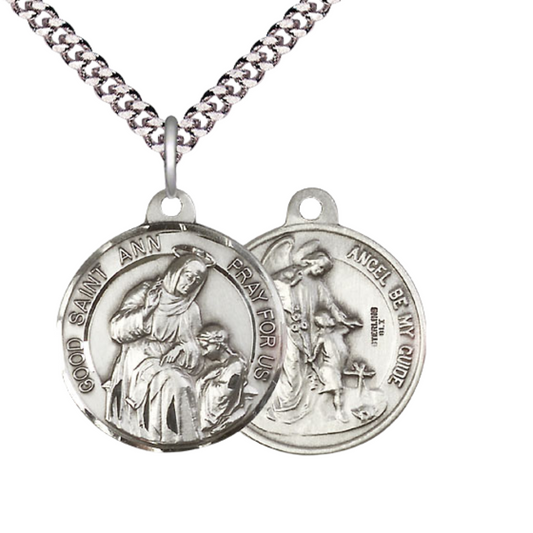 Everlasting Light Jewelry .925 Sterling Silver Saint St. Ann Medal Pendant (7/8 x 7/8) with a 24 Inch Endless Rhodium Plated Heavy Curb Chain, Catholic Medal - Made in USA, Deluxe Velvet Gift Box