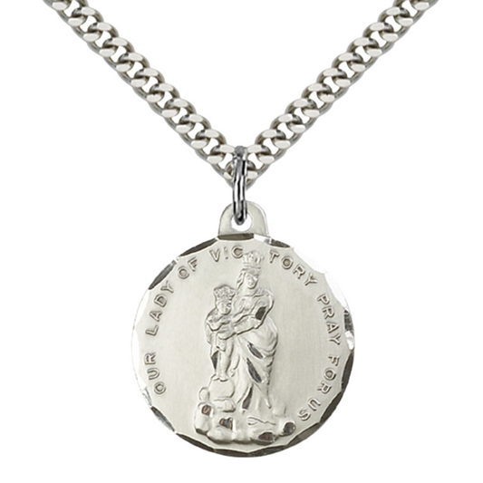 Everlasting Light Jewelry .925 Sterling Silver Our Lady of Victory Medal Pendant (7/8 x 7/8) on 24 Inch Endless Rhodium Plated Heavy Curb Chain, Catholic Medal - Made in USA, Deluxe Velvet Gift Box