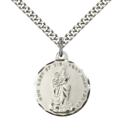 Everlasting Light Jewelry .925 Sterling Silver Our Lady of Victory Medal Pendant (7/8 x 7/8) on 24 Inch Endless Rhodium Plated Heavy Curb Chain, Catholic Medal - Made in USA, Deluxe Velvet Gift Box