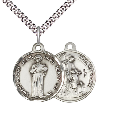 Everlasting Light Jewelry .925 Sterling Silver Holy Young Jesus Medal Pendant (7/8 x 7/8) on 24 Inch Endless Rhodium Plated Heavy Curb Chain, Catholic Medal - Made in USA, Deluxe Velvet Gift Box