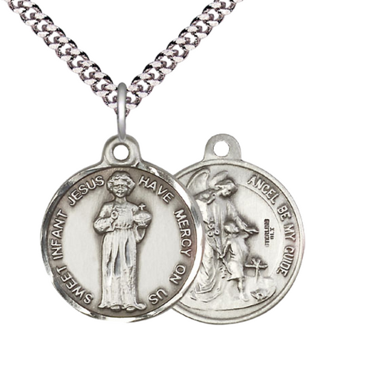 Everlasting Light Jewelry .925 Sterling Silver Holy Young Jesus Medal Pendant (7/8 x 7/8) on 24 Inch Endless Rhodium Plated Heavy Curb Chain, Catholic Medal - Made in USA, Deluxe Velvet Gift Box