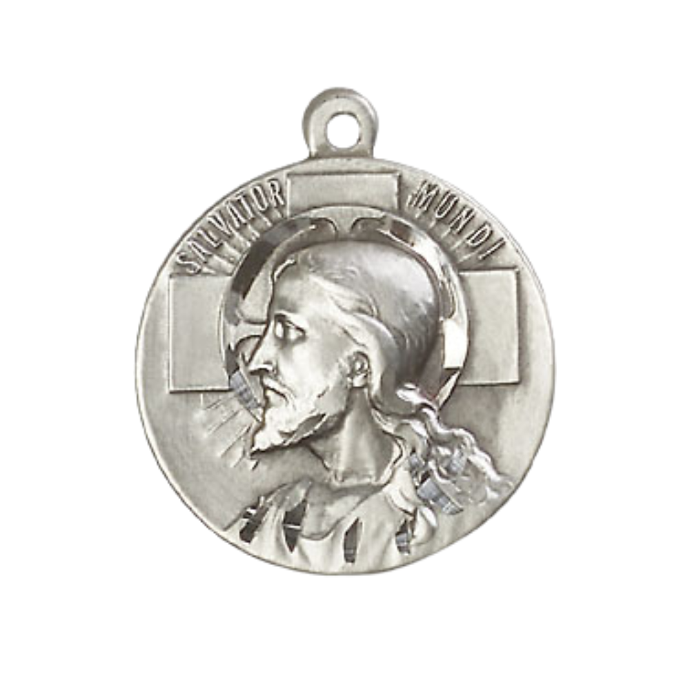 Everlasting Light Jewelry .925 Sterling Silver Salvator Mundi Medal Pendant (7/8 x 7/8) on 24 Inch Endless Rhodium Plated Heavy Curb Chain, Catholic Medal - Made in USA, Deluxe Velvet Gift Box