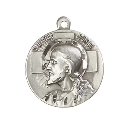 Everlasting Light Jewelry .925 Sterling Silver Salvator Mundi Medal Pendant (7/8 x 7/8) on 24 Inch Endless Rhodium Plated Heavy Curb Chain, Catholic Medal - Made in USA, Deluxe Velvet Gift Box