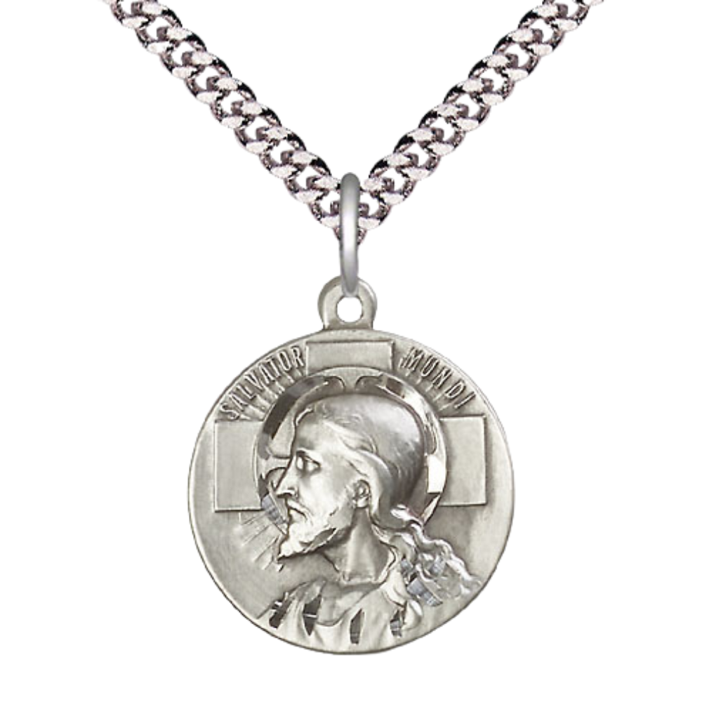 Everlasting Light Jewelry .925 Sterling Silver Salvator Mundi Medal Pendant (7/8 x 7/8) on 24 Inch Endless Rhodium Plated Heavy Curb Chain, Catholic Medal - Made in USA, Deluxe Velvet Gift Box