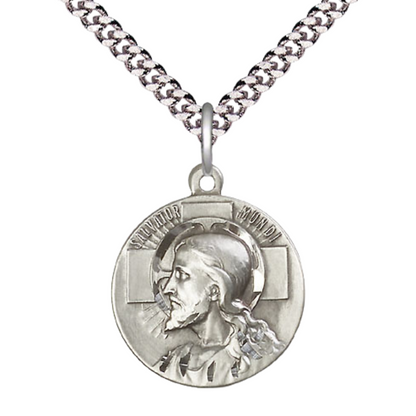 Everlasting Light Jewelry .925 Sterling Silver Salvator Mundi Medal Pendant (7/8 x 7/8) on 24 Inch Endless Rhodium Plated Heavy Curb Chain, Catholic Medal - Made in USA, Deluxe Velvet Gift Box