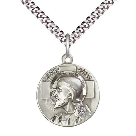 Everlasting Light Jewelry .925 Sterling Silver Salvator Mundi Medal Pendant (7/8 x 7/8) on 24 Inch Endless Rhodium Plated Heavy Curb Chain, Catholic Medal - Made in USA, Deluxe Velvet Gift Box