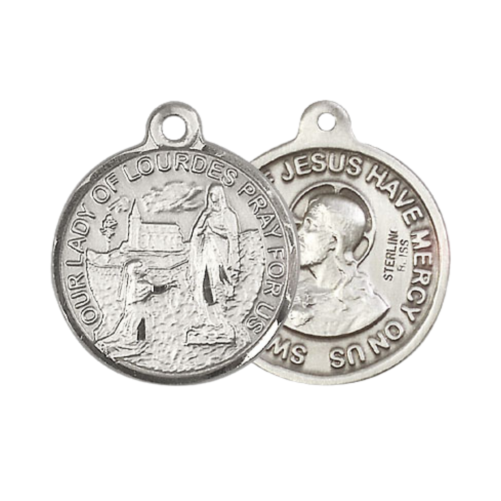 Everlasting Light Jewelry .925 Sterling Silver Our Lady of Lourdes Medal Pendant (7/8 x 7/8) on 24 Inch Endless Rhodium Plated Heavy Curb Chain, Catholic Medal - Made in USA, Deluxe Velvet Gift Box