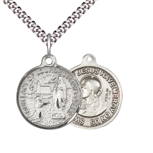 Everlasting Light Jewelry .925 Sterling Silver Our Lady of Lourdes Medal Pendant (7/8 x 7/8) on 24 Inch Endless Rhodium Plated Heavy Curb Chain, Catholic Medal - Made in USA, Deluxe Velvet Gift Box